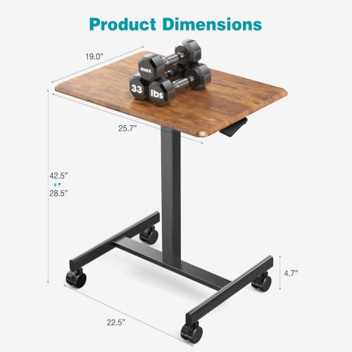 DUMOS Mobile Small Standing Desk, Laptop Desk, Home Office | Portable Rolling Design, 2 Lockable Wheels, Adjustable Height Computer Workstation, 19 Inch, Brown - color: Chocolate