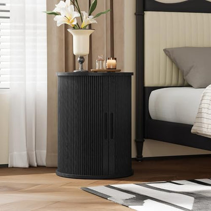LINSY HOME Round Fluted End Table, Tall Side Table with Sliding Tambour Door and Storage Shelf, Mid Century Modern Nightstand for Living Room, Bedroom, Black - color: Black