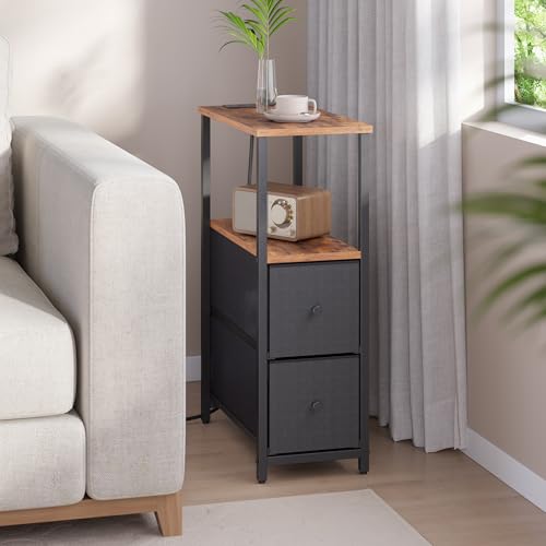 TUTOTAK Small Narrow End Table with Charging Station, Set of 2, Side Table with Outlets, Nightstand with 2 Cloth Drawers, Couch Table, for Living Room, Bedroom, Bedside, Brown and Black TB01BB055K - color: Brown and Black, style: 2 Drawers & Plug