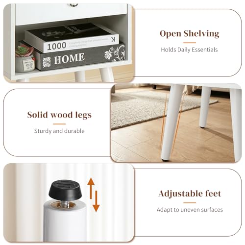 Bonnlo White Nightstand Set of 2, Modern Bedside Table with Drawer Open Shelf, End Table with Solid Wood Legs for Bedroom, - color: White, size: 1 Drawer 1 Shelf