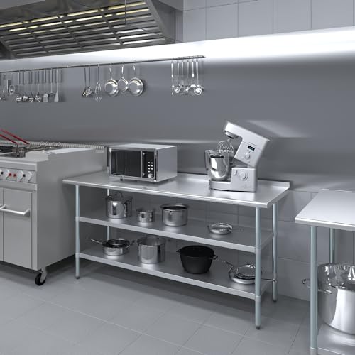 AmGood Stainless Steel Work Table with 1.5" Backsplash and 2 Shelves | Metal Kitchen Food Prep Table | NSF (72" Long x 24" Deep) - size: 72" Long x 24" Deep