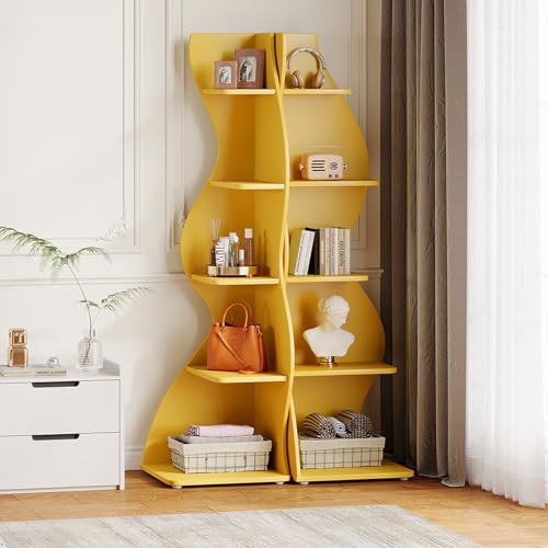 Tribesigns Wavy Corner Shelf Set of 2, Modern 5-Tier Bookshelf Etagere Bookcase with Curvy Shape, Unique Plant Stand Display Shelf for Living Room Small Space (Yellow) - color: Yellow