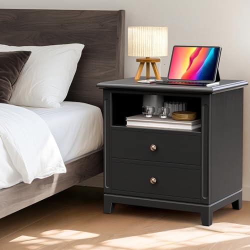 24" Wide Farmhouse Nightstand with Charging Station, Solid Wood End Table with 2 Large Drawers & Open Shelf, Bedside Table with USB Ports and Outlets, Side End Table for Bedroom - color: Black