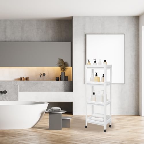 Tissting Bathroom Storage Rack 4-Tier, Plastic Freestanding Shelf | Multifunctional Organizer | Living Room & Bedroom & Kitchen | Space Saver(4 layers (with wheels)) - color: 4 Layers (With Wheels)