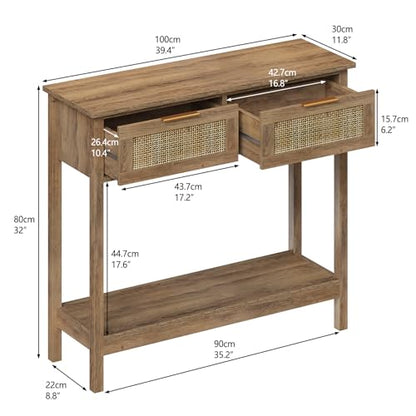Trironsun Farmhouse Rattan Console Table with 2 Drawers 2 Tier Boho Narrow Long Sofa Table Natural with Open Storage Shelf Wood Entryway Table for Living Room Hallway Foyer - color: Caramel Oak