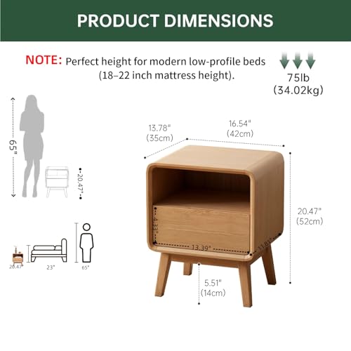 100% Solid Wood Nightstand Set of 2, Small Night Stand with Drawer and Open Shelf, Natural Wood Nightstand, Mid Century Modern Night Stand, Wooden Bedside Table for Bedroom(20.47" H) - color: Natural Oak, style: Drawer & Open Storage-2