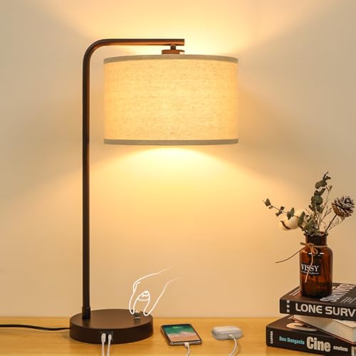 25" Tall Table Lamp with USB C+A Ports, Fully Stepless Dimmable Modern Minimalist Bedside Nightstand Lamp, Reading Desk Lamp for Bedroom, Living Room, Study Room, Office, 9W 3000K LED Bulb Included - color: Brown