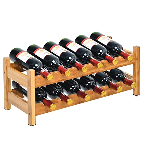 COSTWAY Wine Rack, Bamboo 12 Bottles 2-Tier Wine Display Rack for Countertop Home Kitchen Pantry, Freestanding Wine Storage, Rack Tabletop Wine Rack, Bar, Pantry, Cellar, Nature (24.5L x 9.5W x 10H) - color: Natural, size: 24” x 9.5” x 10” (L x W x H)