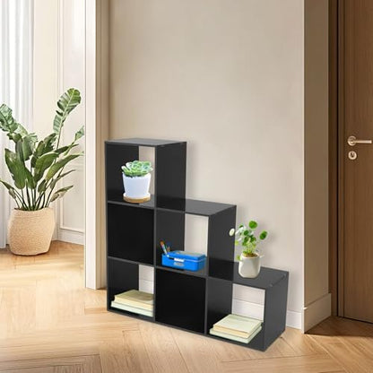 3-Tier Stepped Bookshelf, 6 Cube Storage Organizer Floor Standing Storage Shelf Modern Open Bookshelf for Home and Office (Black) - size: 6 Cube L-Shaped Black