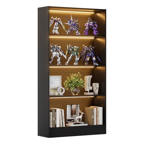 CODACE Tall Wooden 4-Tier Black Bookshelf - Display Cabinet with LED Lights | Lighted Book Shelves, Display Case for Collectibles, Manga ,Figures, Modern Bookcase for Bedroom, Living Room, Gaming room - size: 4 Tiers - 10.2"D x 27.6"W x 59.1"H