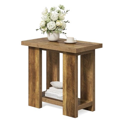LITTLE TREE 2 Tier Side Table with Storage Shelf, Rustic Wood End Table, Narrow Nightstand Bedside Table for Living Room, Bedroom, Small Spaces, Rustic Brown, 15.75" D x 27.56" W x 25.2" H - color: Rustic Brown