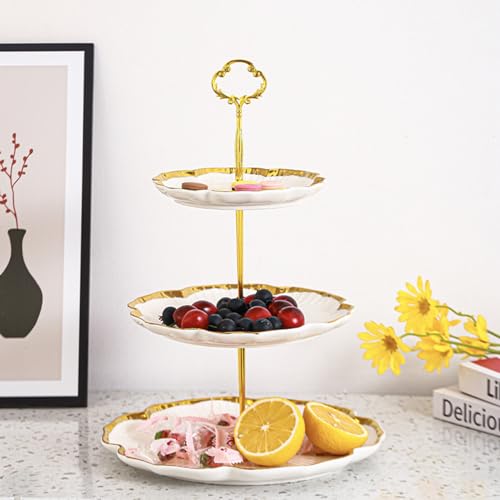 3 Tier Porcelain Serving Tray with Elegant Floral Gold Trim - Embossed Food Grade Tiered Cupcake Stand - Serving Stand for Parties & Weddings & Baby Showers - color: 10.2 Inch (3 Tier)