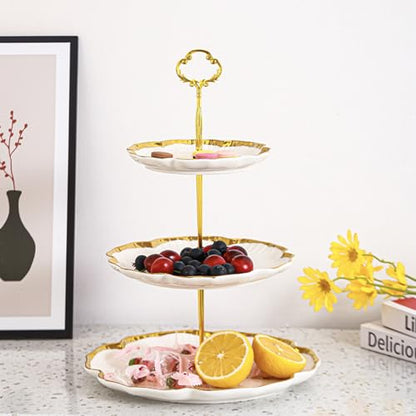 3 Tier Porcelain Serving Tray with Elegant Floral Gold Trim - Embossed Food Grade Tiered Cupcake Stand - Serving Stand for Parties & Weddings & Baby Showers - color: 10.2 Inch (3 Tier)