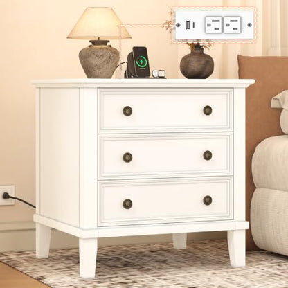 IKENO Solid Wood Nightstand with 3 Drawers, Tall Leg Bedside Table with Charging Station, Farmhouse Night Stand with Wood Slide Rail, Anti-Scratch Foot Pads for Bedroom，White - color: White