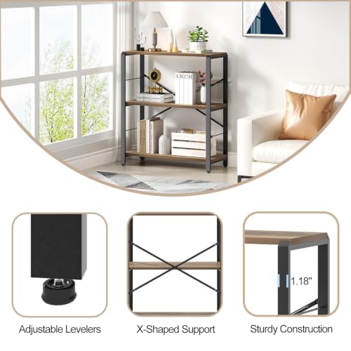 FOLUBAN Small Bookshelf, 3 Tier Open Book Shelf, Rustic Wood and Metal Shelving Unit for Small Space, Oak - color: Oak, size: 3-Tier