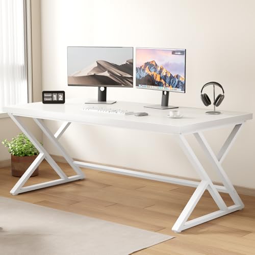 LVB Modern White Computer Desk, Long Industrial Home Office Desk for Student, Large Metal Wood Writing Study Work Desk, Farmhouse Executive Gaming Computer Table for Bedroom Living Room, White, 60 in - color: White Oak, size: 60 inch