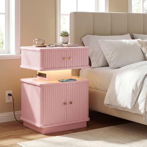 Nightstand with Charging Station, Modern Night Stand with Smart Led Light and 2 Small Sliding Door Cabinets, Curvy Edge, Bedside Table for Bedroom, Pink - color: Pink