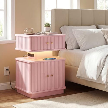 Nightstand with Charging Station, Modern Night Stand with Smart Led Light and 2 Small Sliding Door Cabinets, Curvy Edge, Bedside Table for Bedroom, Pink - color: Pink
