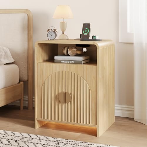 Nightstand with Charging Station and LED Lights, Night Stands with Adjustable Storage Cabinet, Modern Side Table with Fluted Doors and Open Storage, Bedside Table for Bedroom, Natural - color: Natural