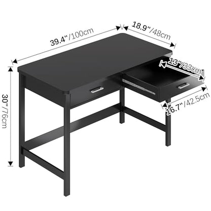 4NM 39.4" Small Desk with Wood Drawers, Home Office Computer Desk with Wooden Legs, Study Writing Table Vanity Desk for Small Spaces - Black