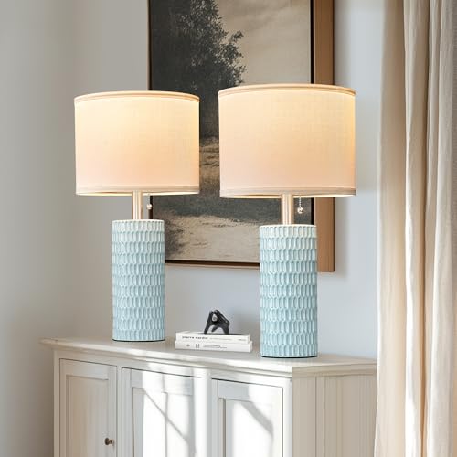 Reaketon Table Lamps for Living Room Set of 2, Ceramic Table Lamps for Bedroom, 20" Modern Lamps for Night Stands, Blue - color: Sky Blue
