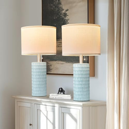 Reaketon Table Lamps for Living Room Set of 2, Ceramic Table Lamps for Bedroom, 20" Modern Lamps for Night Stands, Blue - color: Sky Blue
