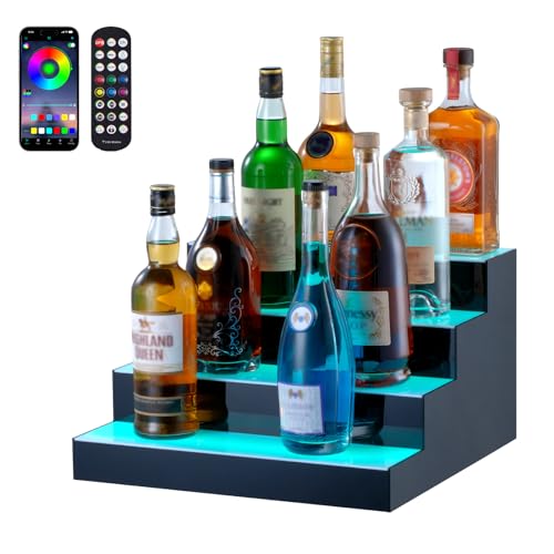 VEVOR LED Lighted Liquor Bottle Display, 4 Tiers 16 Inch Commercial Illuminated Home Bar Shelf, 4 Steps Whiskey Rack Stand, Acrylic Drink Shelves with RF Remote & App Control, and Multicolor Light - size: 4 Step 16 Inches