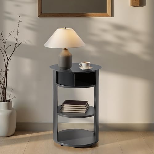 Christopher Knight Home Pomme 3-Tier Metal Small Side Table, Narrow Bedside Table with Sliding Door Cabinet, Bedroom Decoration Organizer, Round End Table with Storage, Space Saving, Matte Black - color: Matte Black