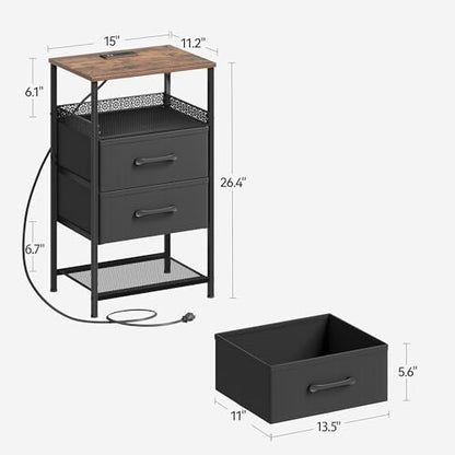 JARHETUN Nightstand Set of 2 with Charging Station, Night Stands with LED Lights, 26.4 Inch Tall Bedside Table with Metal Shelf, Side Table with 2 Fabirc Drawers for Bedroom, Rustic Brown - color: Rustic Brown, style: LED & Power
