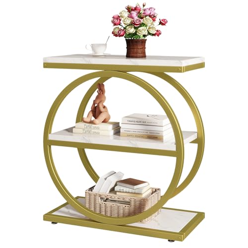 IBUYKE Narrow End Table with 3 Storage Shelves, Industrial Sofa Side Table, Double Round Metal Frames, Slim Nightstand and Bedside Table for Bedroom, Living Room, White with Gold UTMJ418G - color: White With Gold