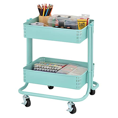 ECR4Kids 2-Tier Metal Rolling Utility Cart - Under Desk Office Storage, Multipurpose Mobile Organizer, Teal - color: Teal
