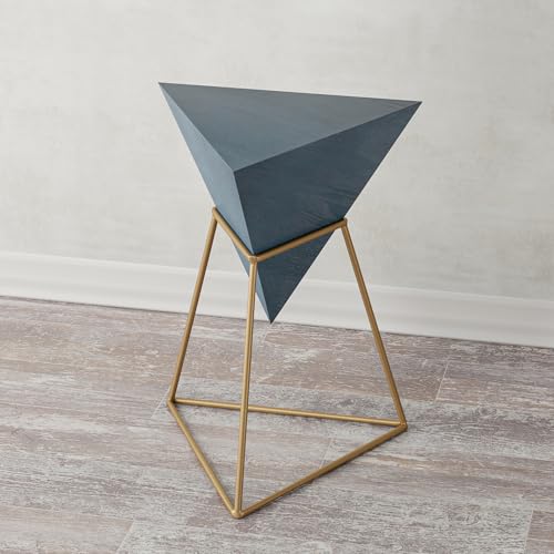 COZAYH Modern Geometric End Table with Wooden Top and Golden Metal Base, Unique Pyramid Side Table Plant Stand for Office, Living Room, Bedroom, Fully Assembled, Triangle, Blue - color: Blue