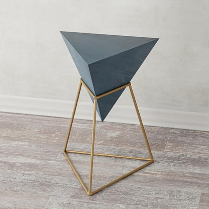 COZAYH Modern Geometric End Table with Wooden Top and Golden Metal Base, Unique Pyramid Side Table Plant Stand for Office, Living Room, Bedroom, Fully Assembled, Triangle, Blue - color: Blue