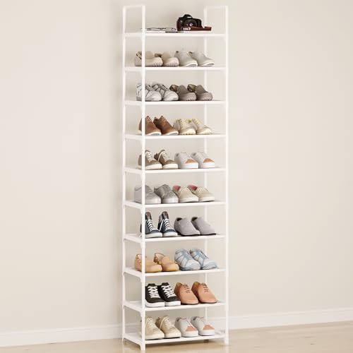10-Tier Large Capacity Shoe Rack, Sturdy Narrow Shoe Stand for Entryway, Closet, Hallway, 20-25 Pairs Waterproof Dustproof Shoe Storage, Space Saving Tall Shoe Tower(White) - size: 10-White(17.5W")