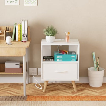 Huhote Kids Nightstand, 2-Tier Night Stand with Charging Station and Drawer, Modern Side Table for Bedroom, Study Room, Small Spaces, White - color: White, size: 2-Tier with Charging