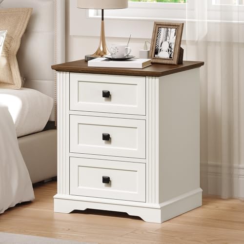 Night Stand with 3 Drawers, 18 Inch Wide End Table with Charging Station, Farmhouse Nightstand, Bedside End Tables Living Room, End Tables with Storage for Bedroom, White and Walnut - color: White and Walnut