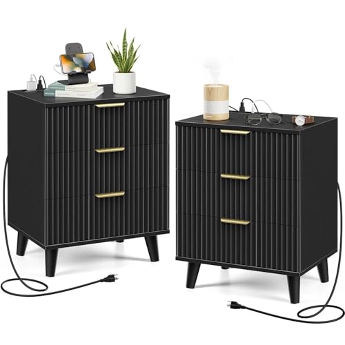 Black Fluted nightstands Set of 2, 20 inch Modern Nightstand with Charging Station Wood Bedside End Table with 3 Large Storage Drawers, Tall Side Table for Bedroom Sofa Office - color: Black, size: 2pcs