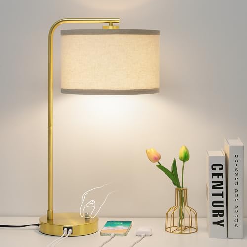 Fully Dimmable Bedside Lamp with C+A USB Ports, Mordern Gold Nightstand Lamp Desk Reading Lamp with Beige Drum Shade, Tall Side Table Lamp for Living Room Bedroom Office, 9W LED Bulb Included - color: Gold