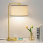 Fully Dimmable Bedside Lamp with C+A USB Ports, Mordern Gold Nightstand Lamp Desk Reading Lamp with Beige Drum Shade, Tall Side Table Lamp for Living Room Bedroom Office, 9W LED Bulb Included - color: Gold