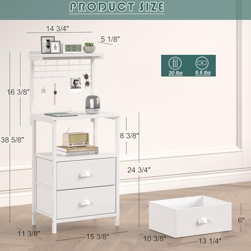 sthmec Tall Nightstands with Charging Station, LED Night Stand Bedsides with 2 PU Finish Fabric Drawers,Hooks,USB Port and Oepn Storage Shelves,Tall End Table Bedside for Bedroom,Office, White - color: White, style: 2 Drawers