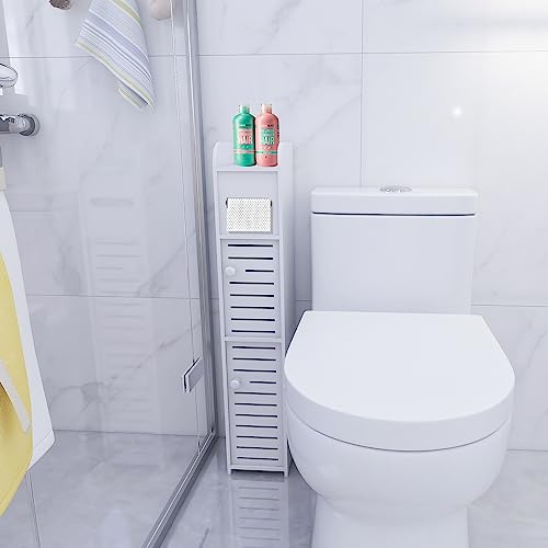 Small Bathroom Storage Cabinet, Over The Toilet Storage Cabinet for Skinny Bathroom Floor, Slim Toilet Paper Storage with Double Doors & Shelves - White