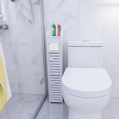 Small Bathroom Storage Cabinet, Over The Toilet Storage Cabinet for Skinny Bathroom Floor, Slim Toilet Paper Storage with Double Doors & Shelves - White