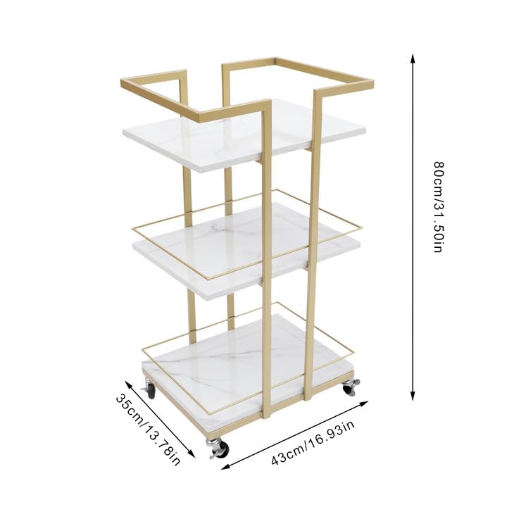 Rolling Storage Cart 3-Tier Metal & Wood Utility Trolley with Locking Wheels, 55lbs Capacity - Nordic Style Multi-Purpose Organizer for Kitchen, Salon, Bathroom, White & Gold Space-Saving Bar Cart