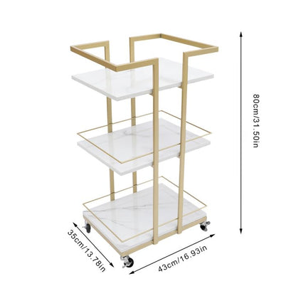 Rolling Storage Cart 3-Tier Metal & Wood Utility Trolley with Locking Wheels, 55lbs Capacity - Nordic Style Multi-Purpose Organizer for Kitchen, Salon, Bathroom, White & Gold Space-Saving Bar Cart