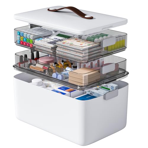 MOPUP 3-Tier Medicine Craft,Sewing,Art,Organizer Storage,Portable Latch Bin with Lid and Leather Handle,Pill Bottle, First Aid, A Household Essential - size: XL– 3-Tier