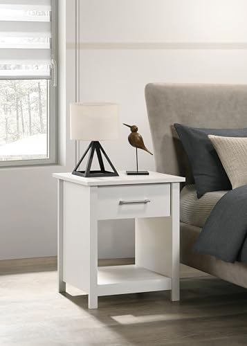 Lilola Home Celeste 20-inch Wide White 1-Drawer Nightstand Bedside Table with Open Shelf and Silver Handle, Modern Bedroom Side Table or End Table