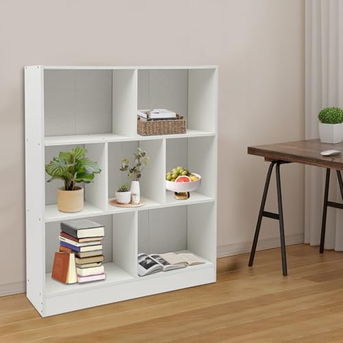 7 Cube Bookshelf Modern Display Cabinet, Horizontal Open Shelf Low Bookcase with 7Compartments, Free-Standing Wooden Bookcase with Back Panel for Study, Bedroom, Living Room (Warm White) - color: Warm White