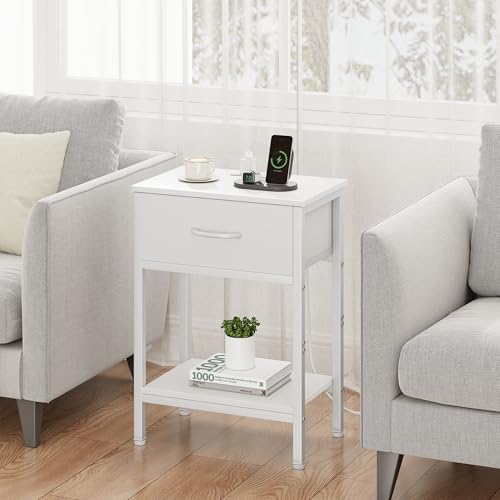 Vagusicc White Nightstand Set of 2 with Charging Station, Bed Side Table with Fabric Drawer, Small End Table with 2-Tier Storage Shelves, 25.4" Tall Bedside Table, Night Stand for Bedroom, Living Room - color: White (2 Pack)