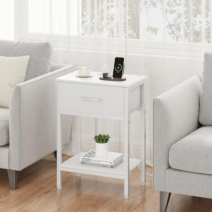 Vagusicc White Nightstand Set of 2 with Charging Station, Bed Side Table with Fabric Drawer, Small End Table with 2-Tier Storage Shelves, 25.4" Tall Bedside Table, Night Stand for Bedroom, Living Room - color: White (2 Pack)