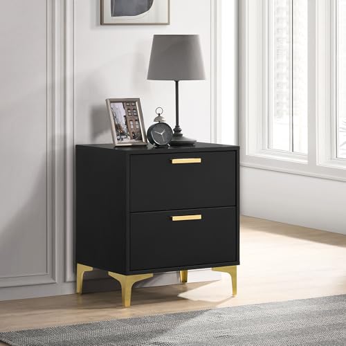 22" Sleek Frame Bedside Stand, Nightstand with Spacious Drawers, Accent Table for Bedroom with Metallic Details for Home Decoration, Black - color: Black